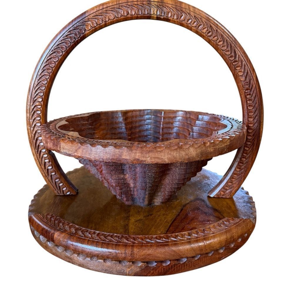 Vintage Hand Carved Rosewood Wooden Folding Basket Trivet with Handle